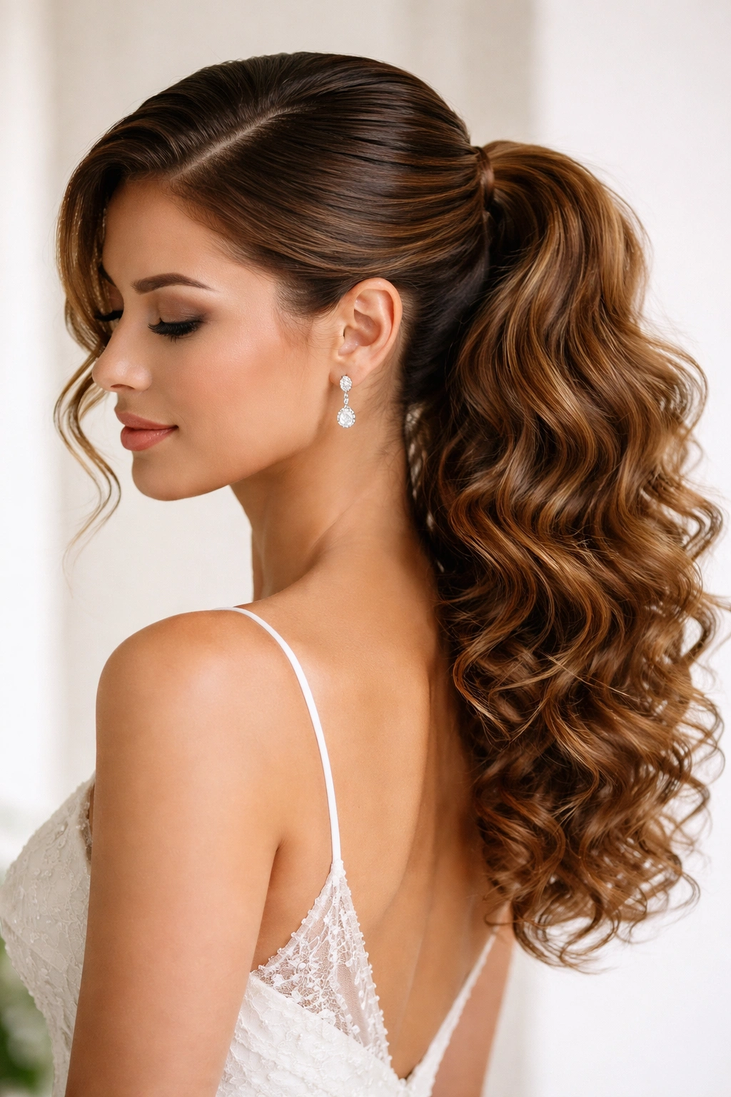 Curly ponytail with deep side part and polished roots