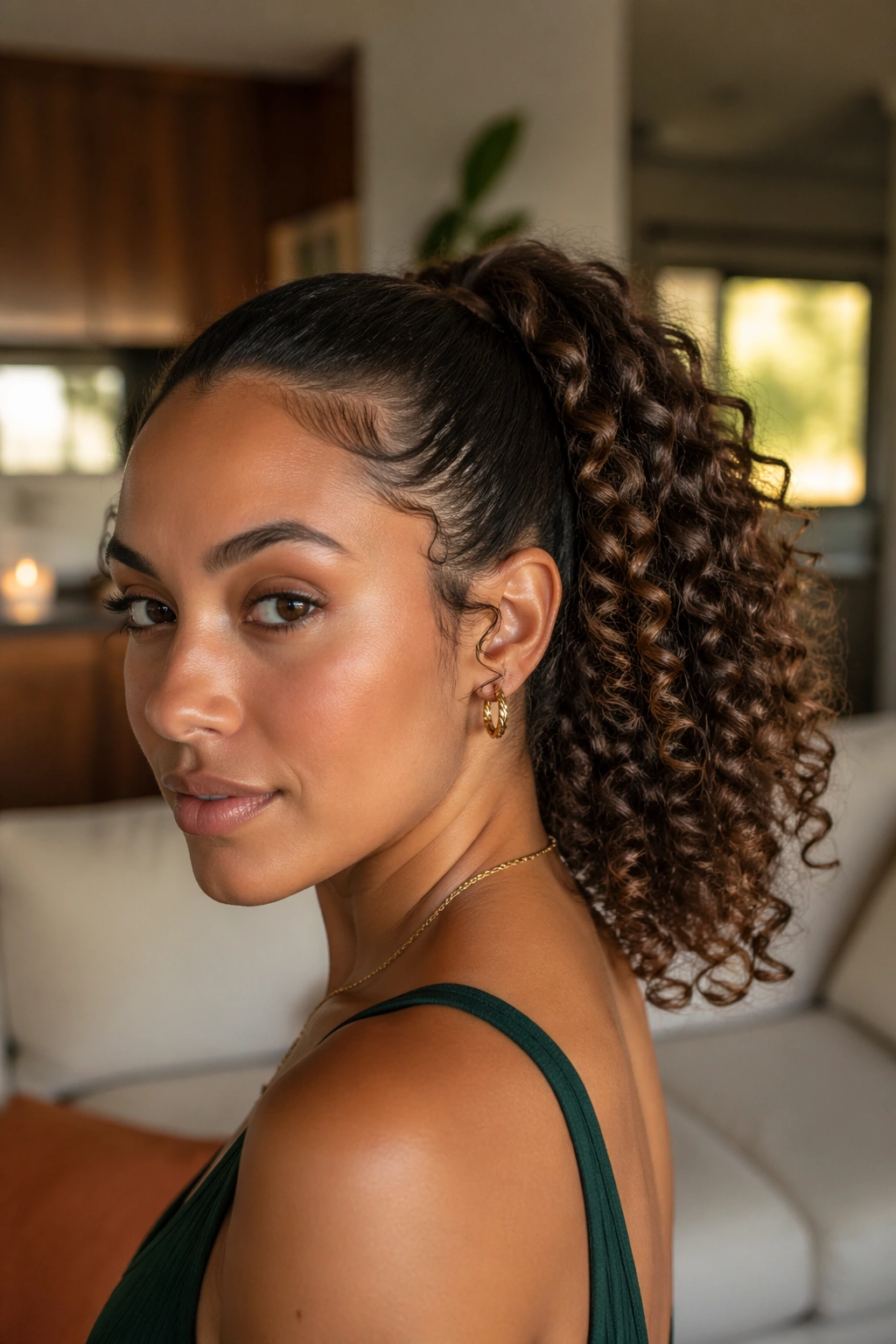 Close-up of a real woman with a curly ponytail and defined ends