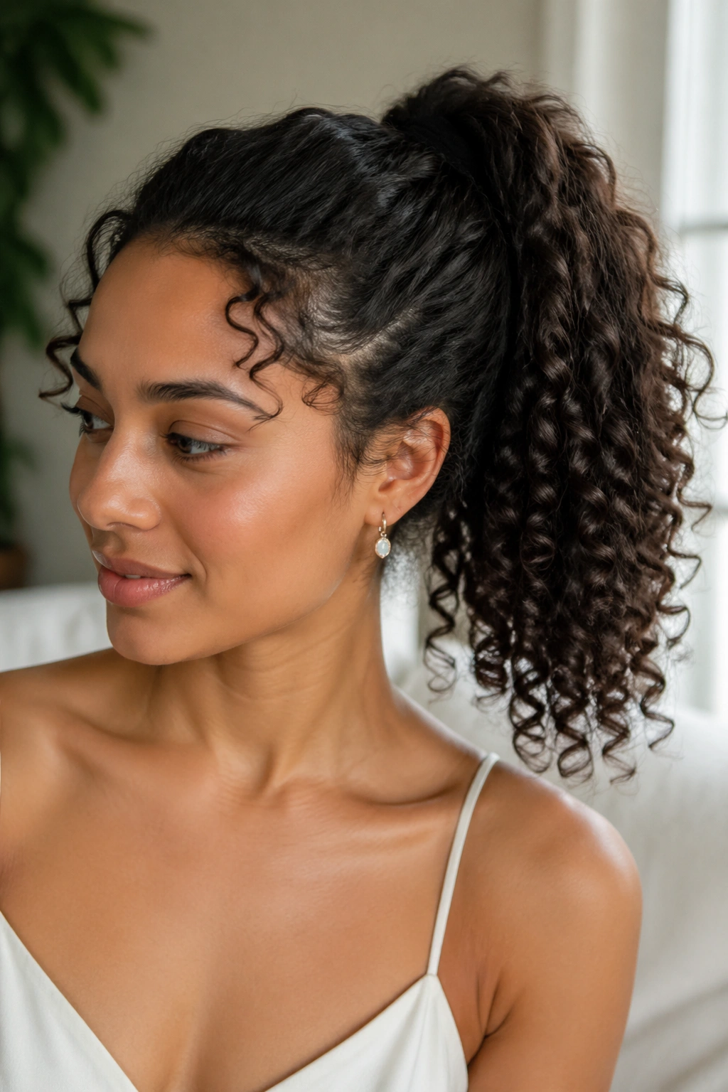 Curly ponytail with defined ends on a real person