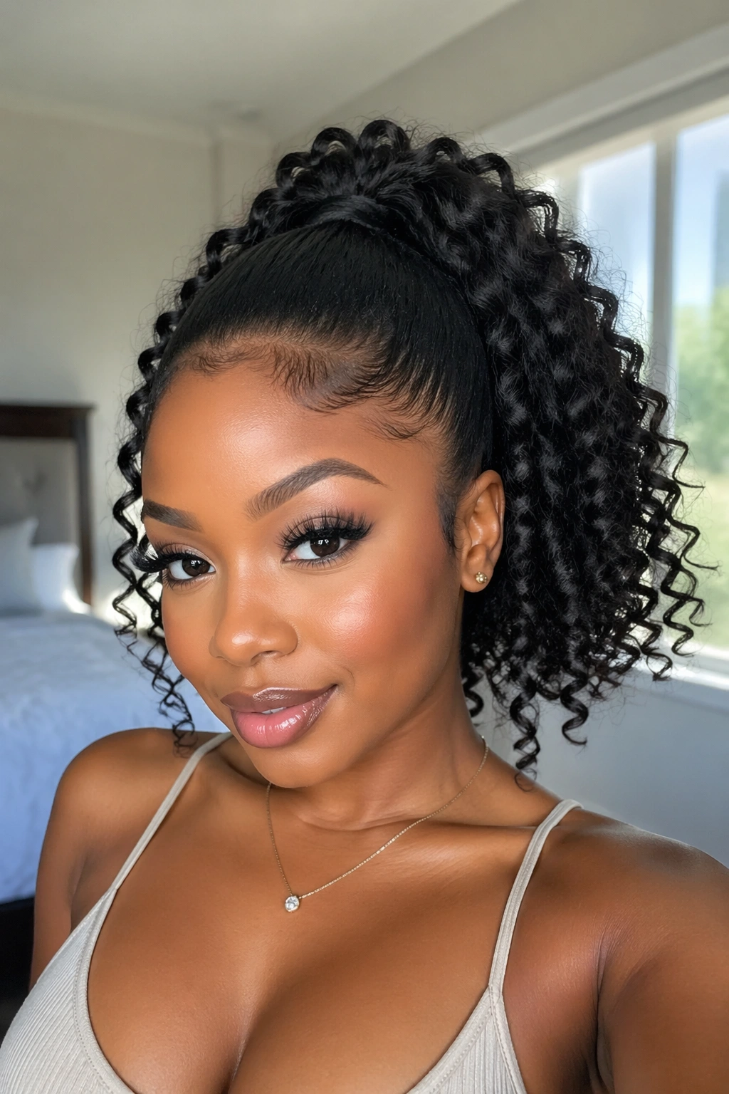 Close-up of a real woman with a curly ponytail and defined ringlets