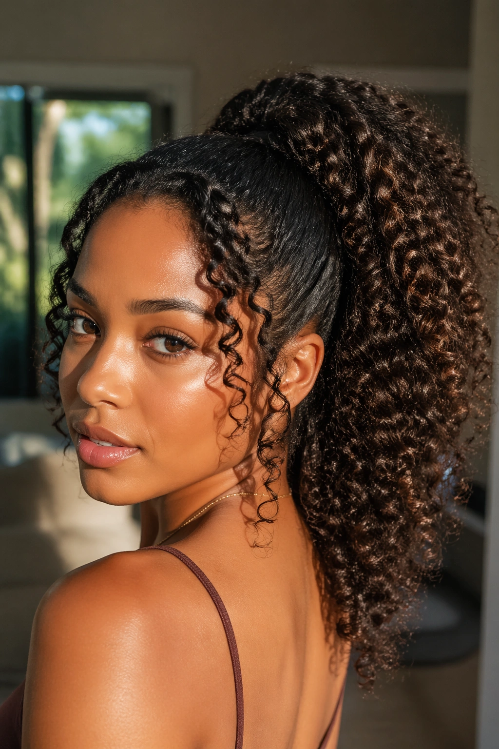 Close-up of a real woman wearing Curly Clip-In High Ponytail Extension with bouncy curls