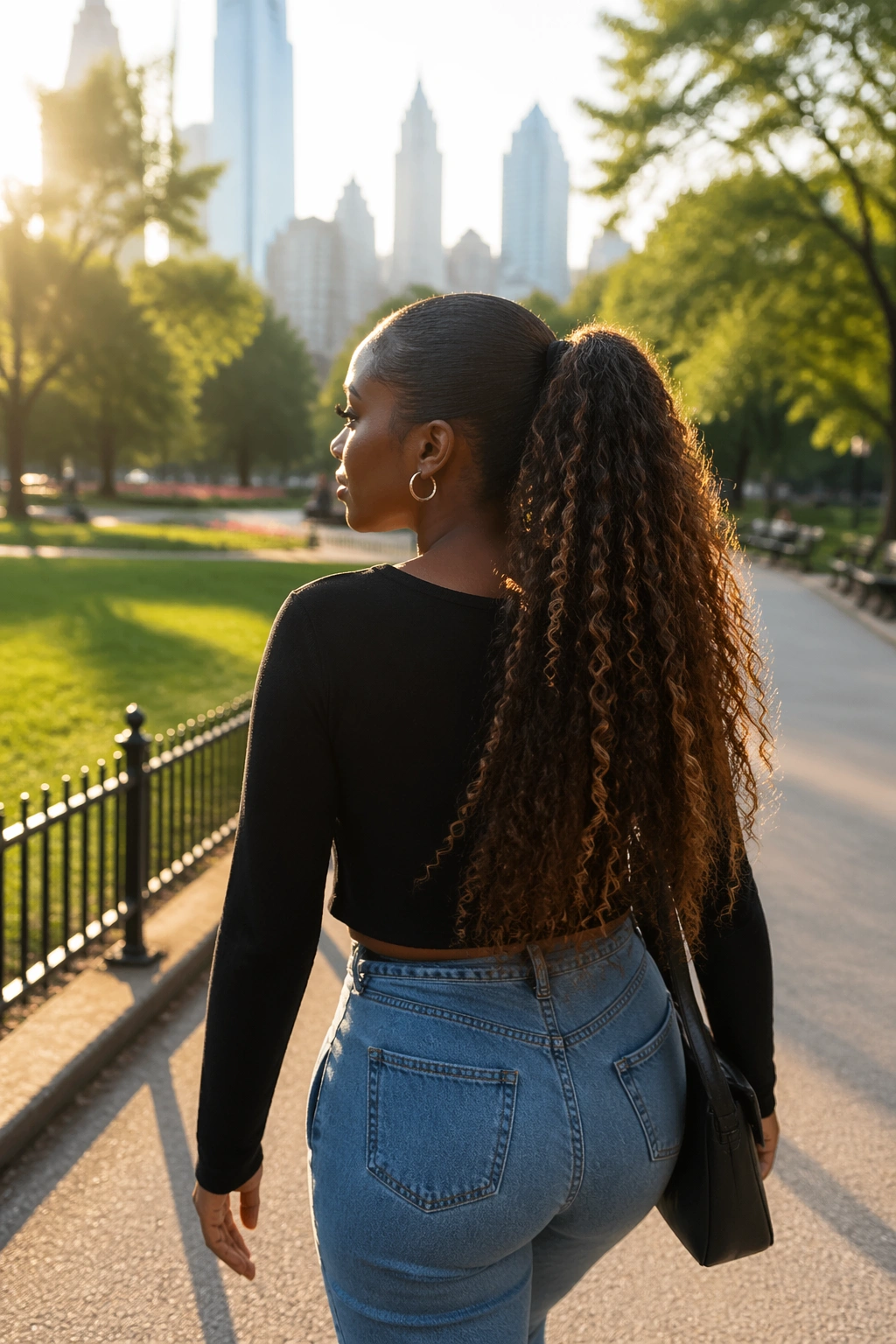 Woman with curly extension ponytail walking in a park at golden hour.