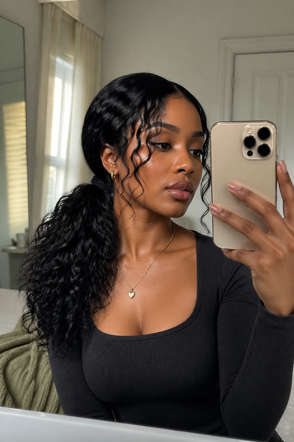 Curly low side ponytail with face-framing curls in mirror selfie.