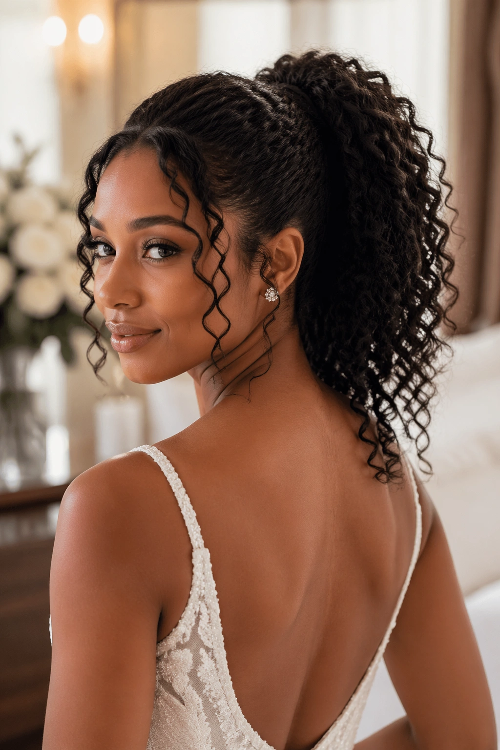 Close-up portrait of a real woman with curly ponytail and face-framing pieces