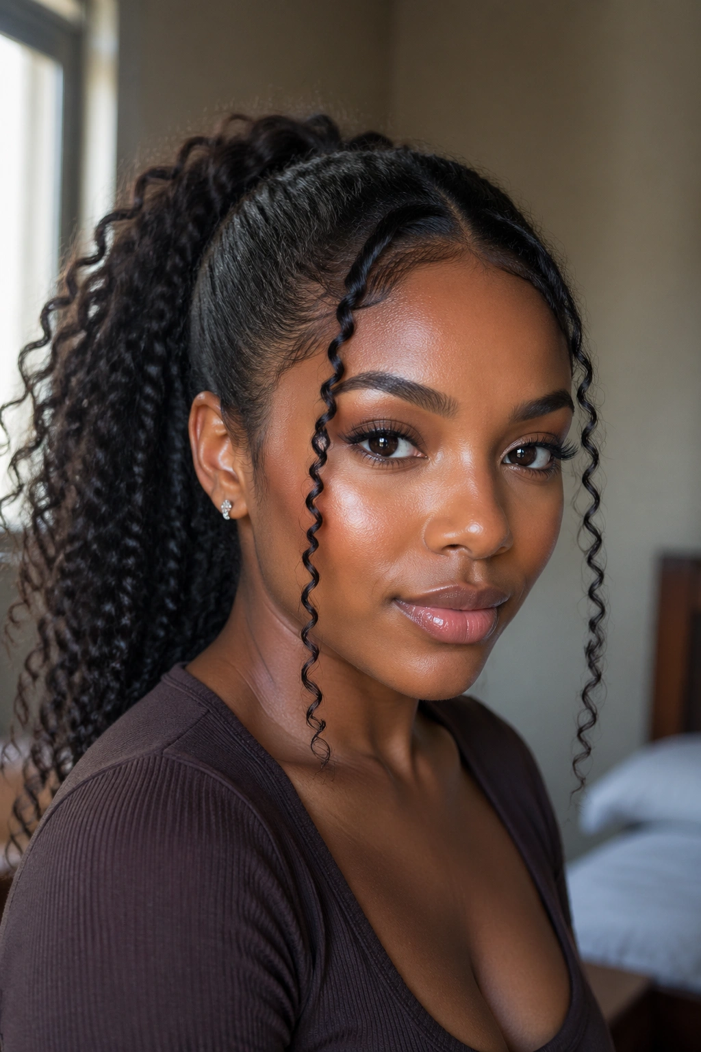 Close-up of a real woman with curly ponytail and face-framing pieces