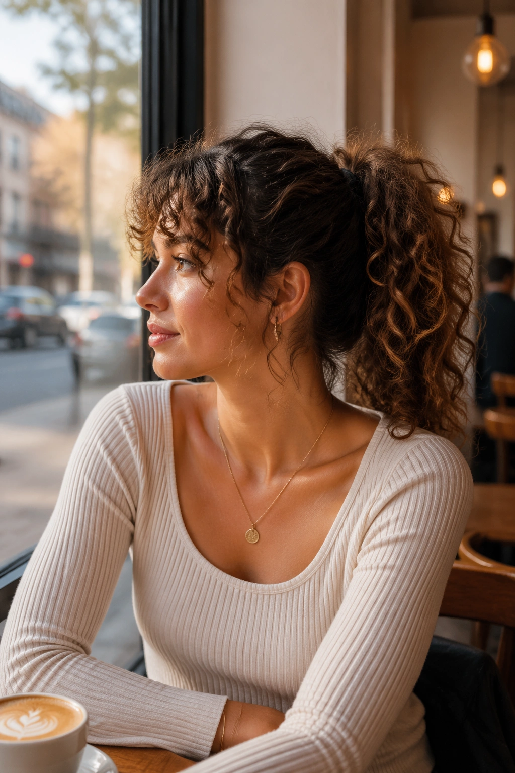 Wide shot of curly ponytail with feathered bangs at cafe.