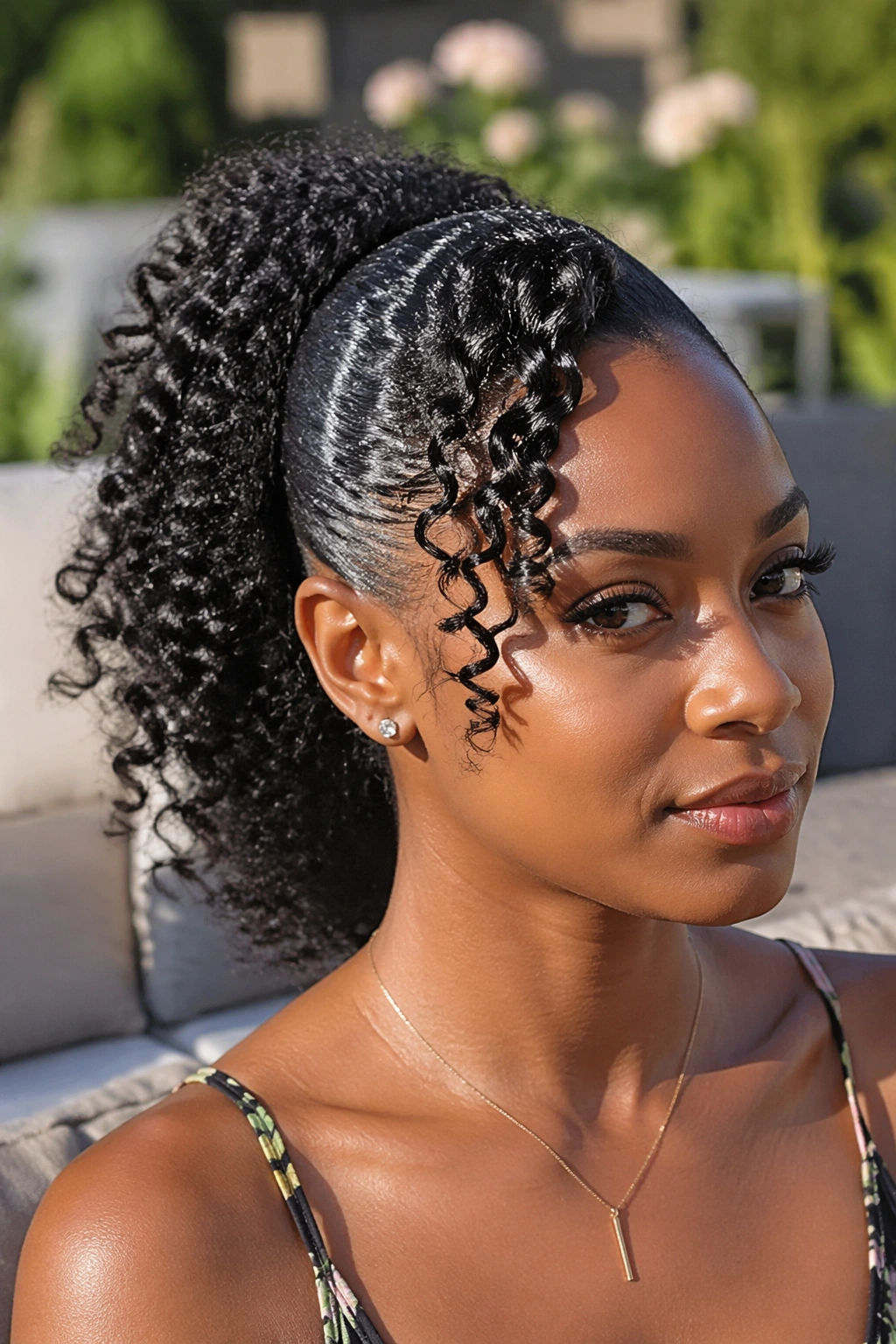 Close-up of a real Black woman with a curly ponytail and finger-coiled side bang