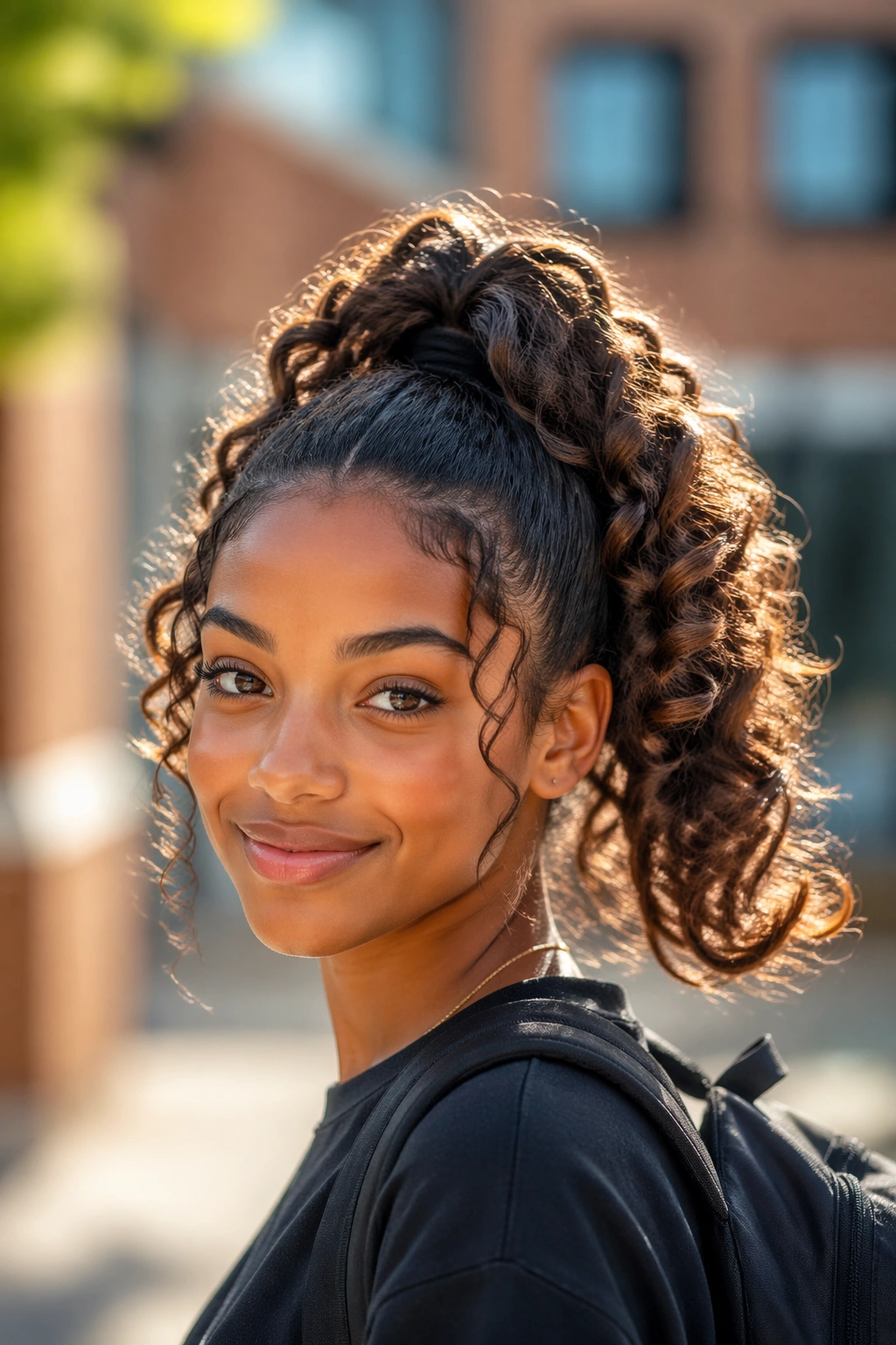 Close-up of Curly High Ponytail with Flipped Ends on a real student outdoors