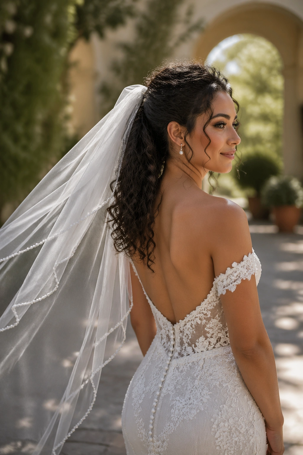 Curly ponytail with floating veil on real bride; bridal hairstyle.
