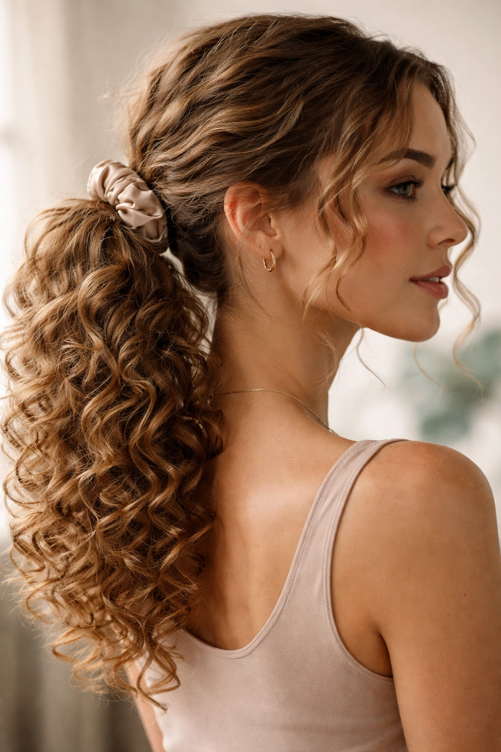 Curly side ponytail with stacked curls