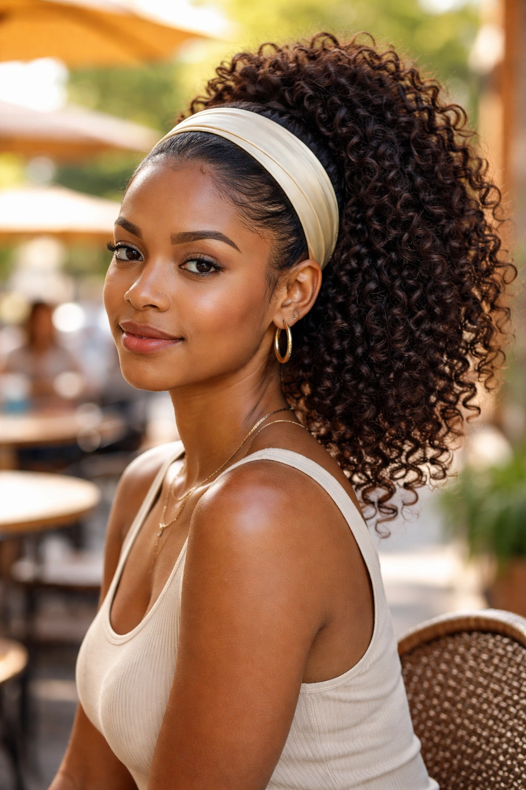 Portrait of a real woman with curly ponytail and a wide satin headband