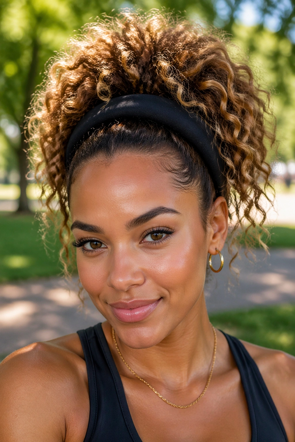 Close-up of a real person with a voluminous curly high ponytail and a wide padded headband.