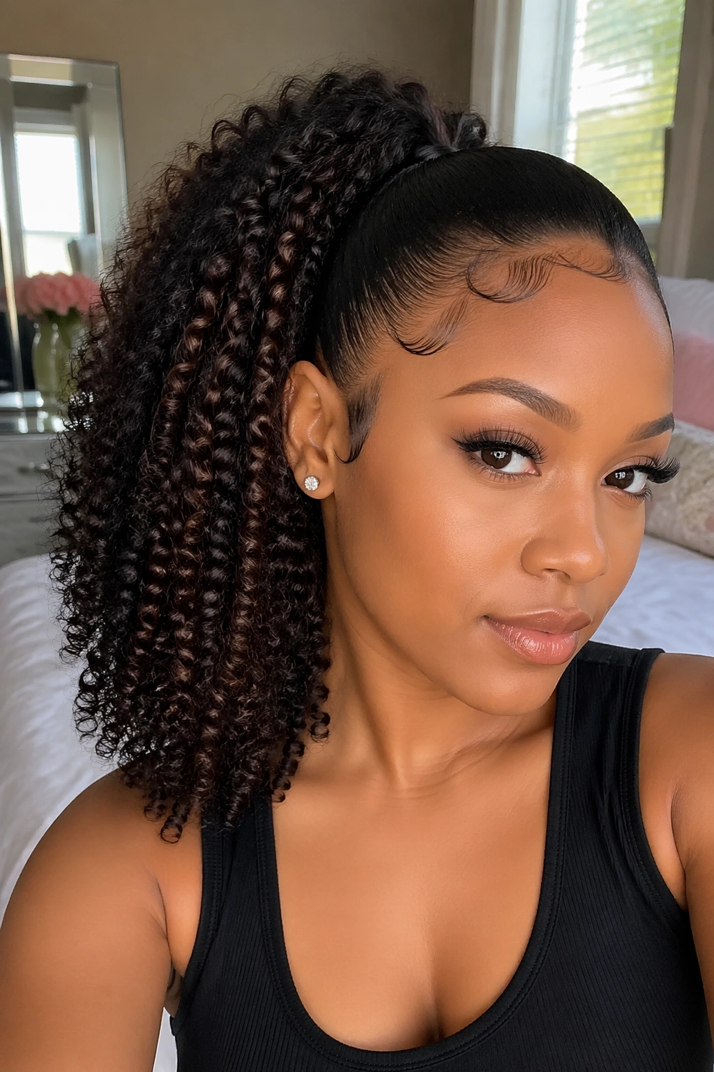 Close-up of a real Black woman with curly ponytail and laid edges in a sunlit bedroom