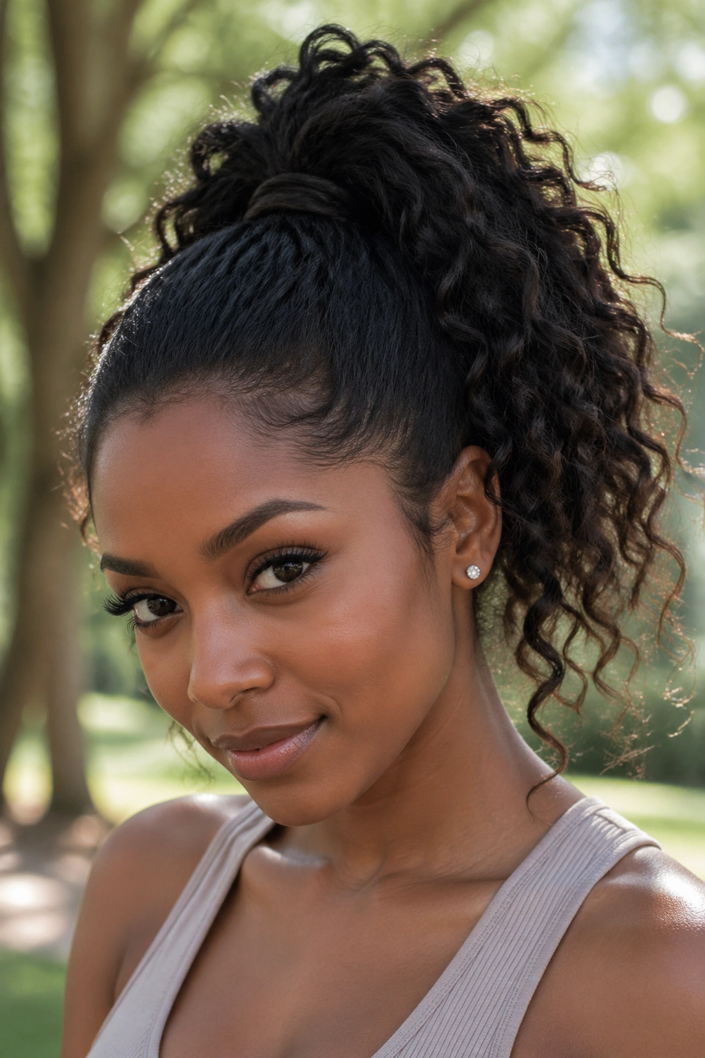 Close-up portrait of a real woman with a curly high ponytail and loose ends.