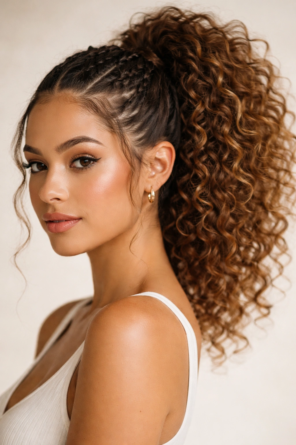 Curly ponytail with small front braids adding structure without flattening curls