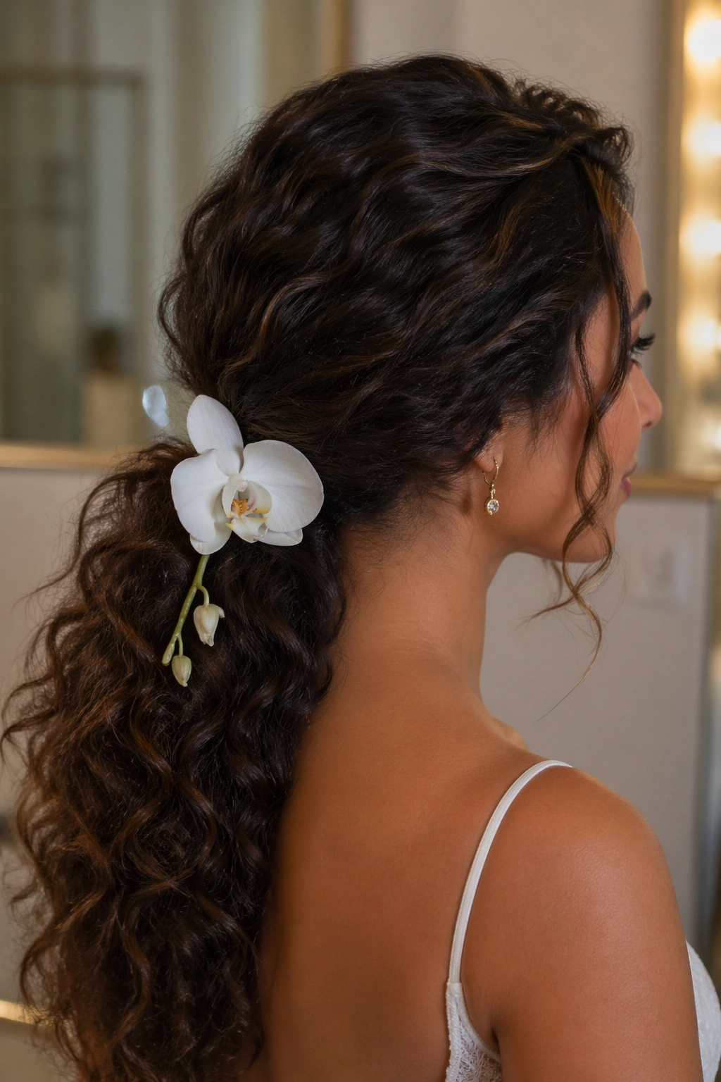 Close-up of a curly ponytail with a single orchid bloom near the base in an elegant indoor setting.