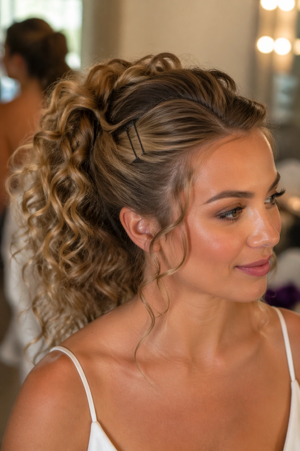Close-up of a real woman with curly ponytail and pinned-back front