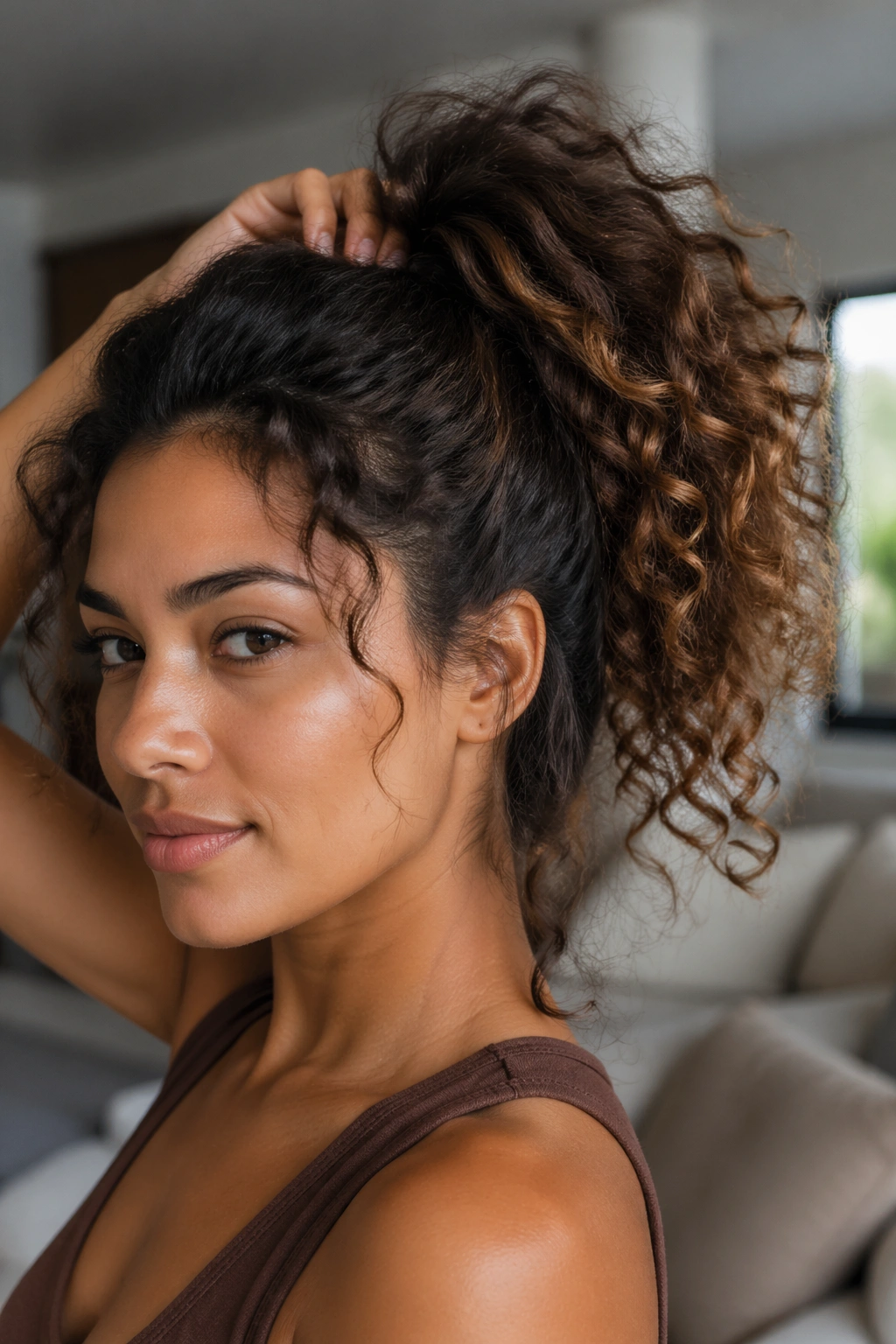 Curly high ponytail close-up portrait showing defined curls