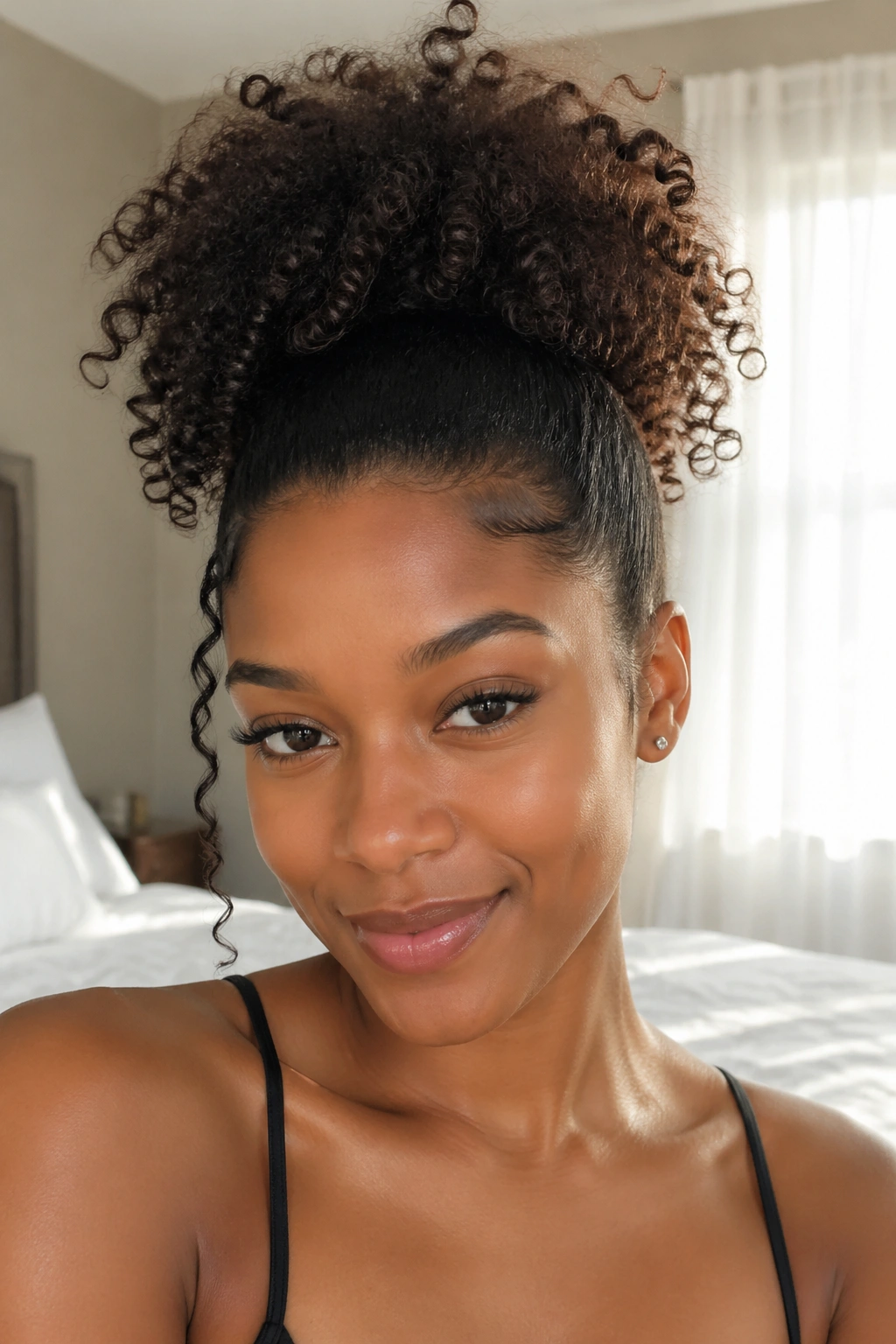 Close-up portrait of a real woman with a curly puff ponytail.