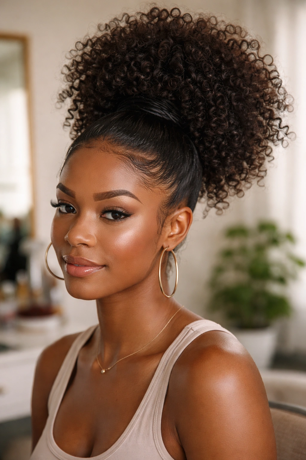 Portrait of a real person with a high curly puff and added ponytail.