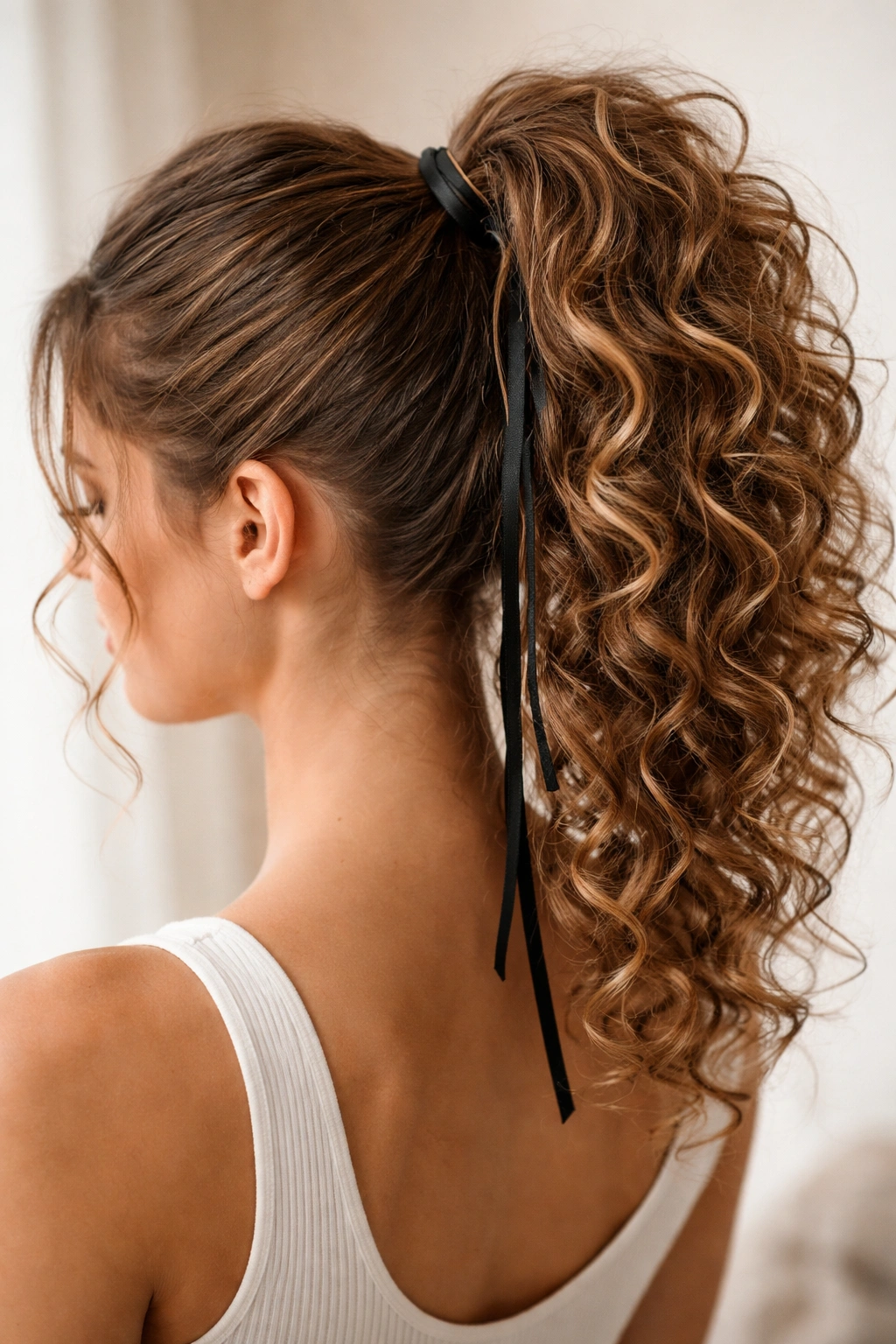 Curly high ponytail with narrow ribbon loop at base