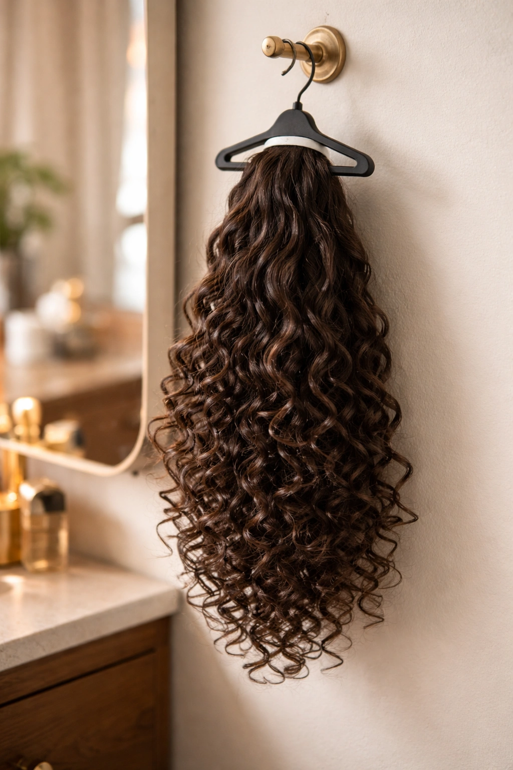 Close-up of curly ponytail on a wig hanger to prevent tangling