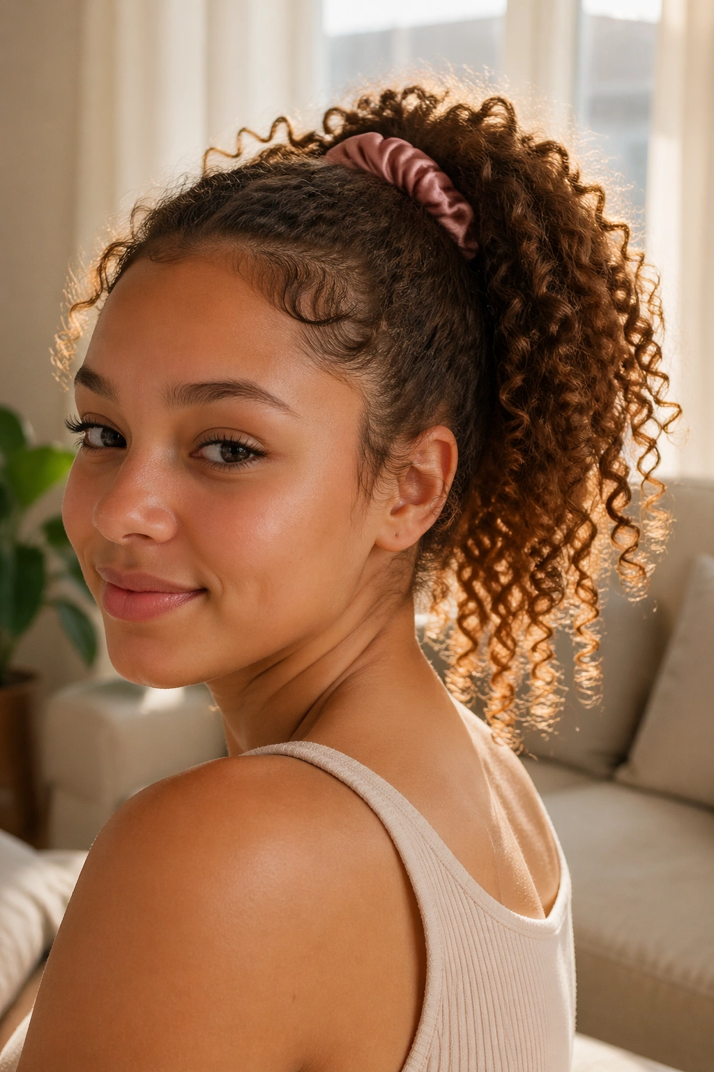 Teen girl with a curly ponytail in natural daylight, close-up portrait.