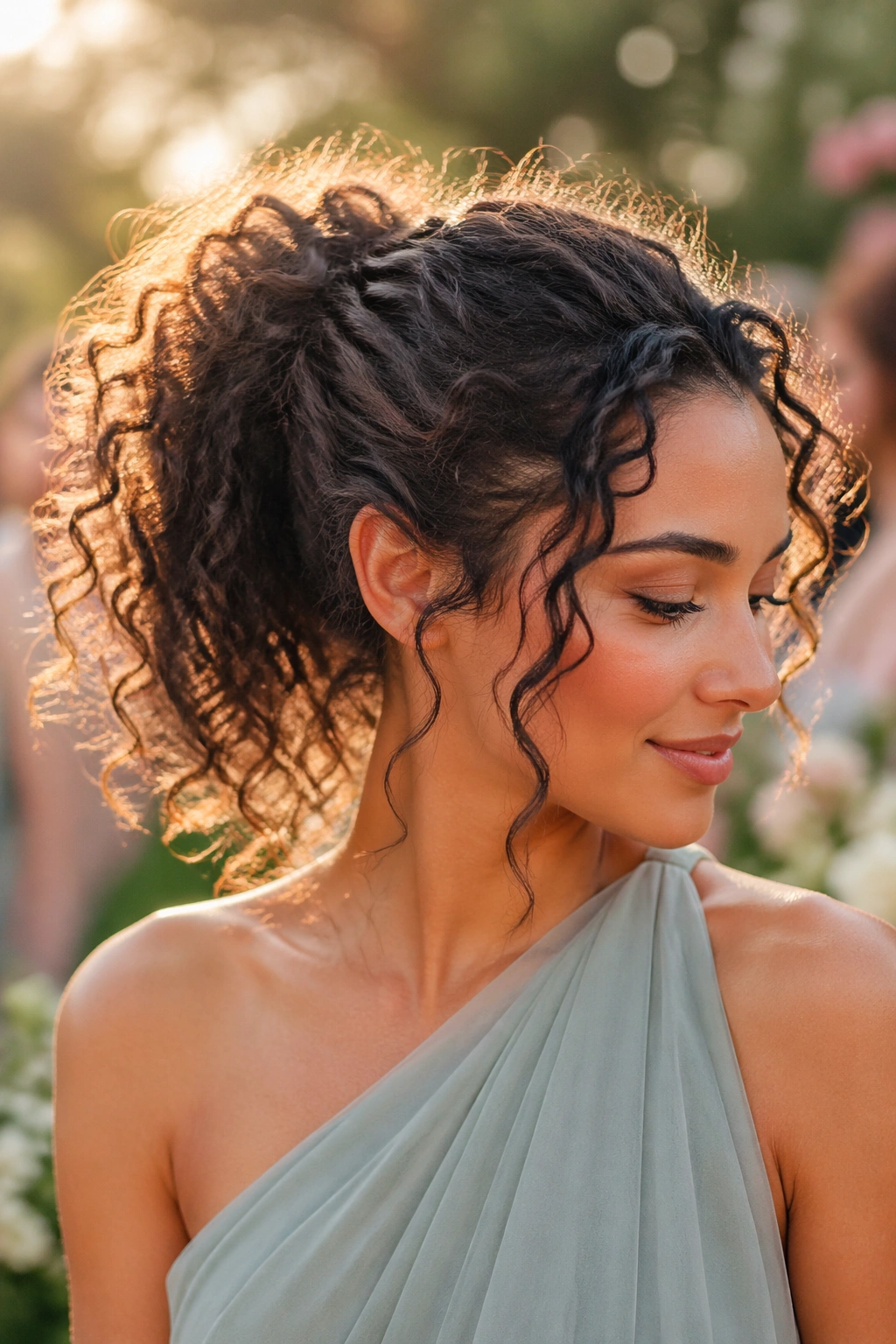Close-up of a real woman with a curly ponytail and loose tendrils in golden hour outdoor setting.