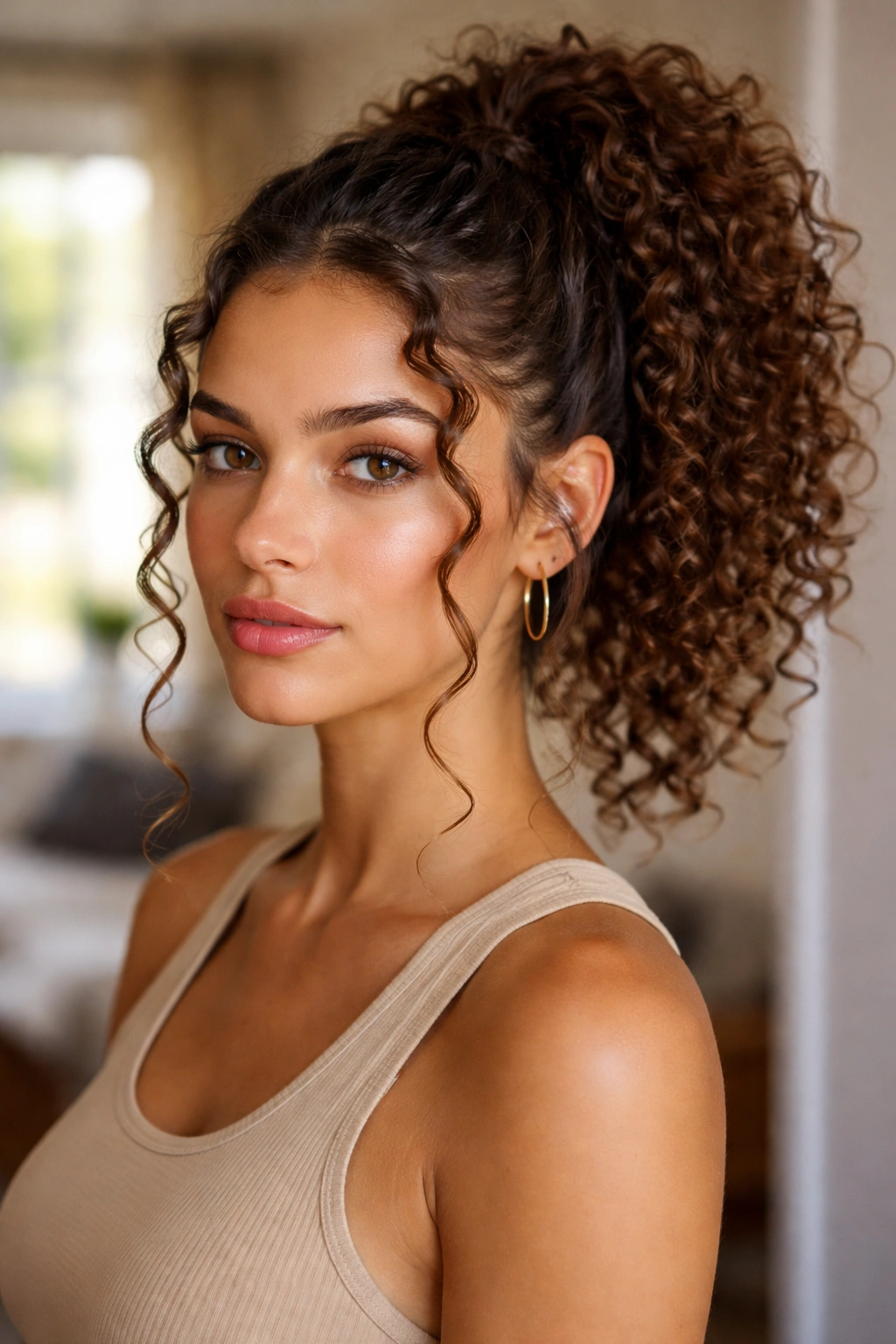 Close-up of a real woman with curly ponytail and tendrils framing the face