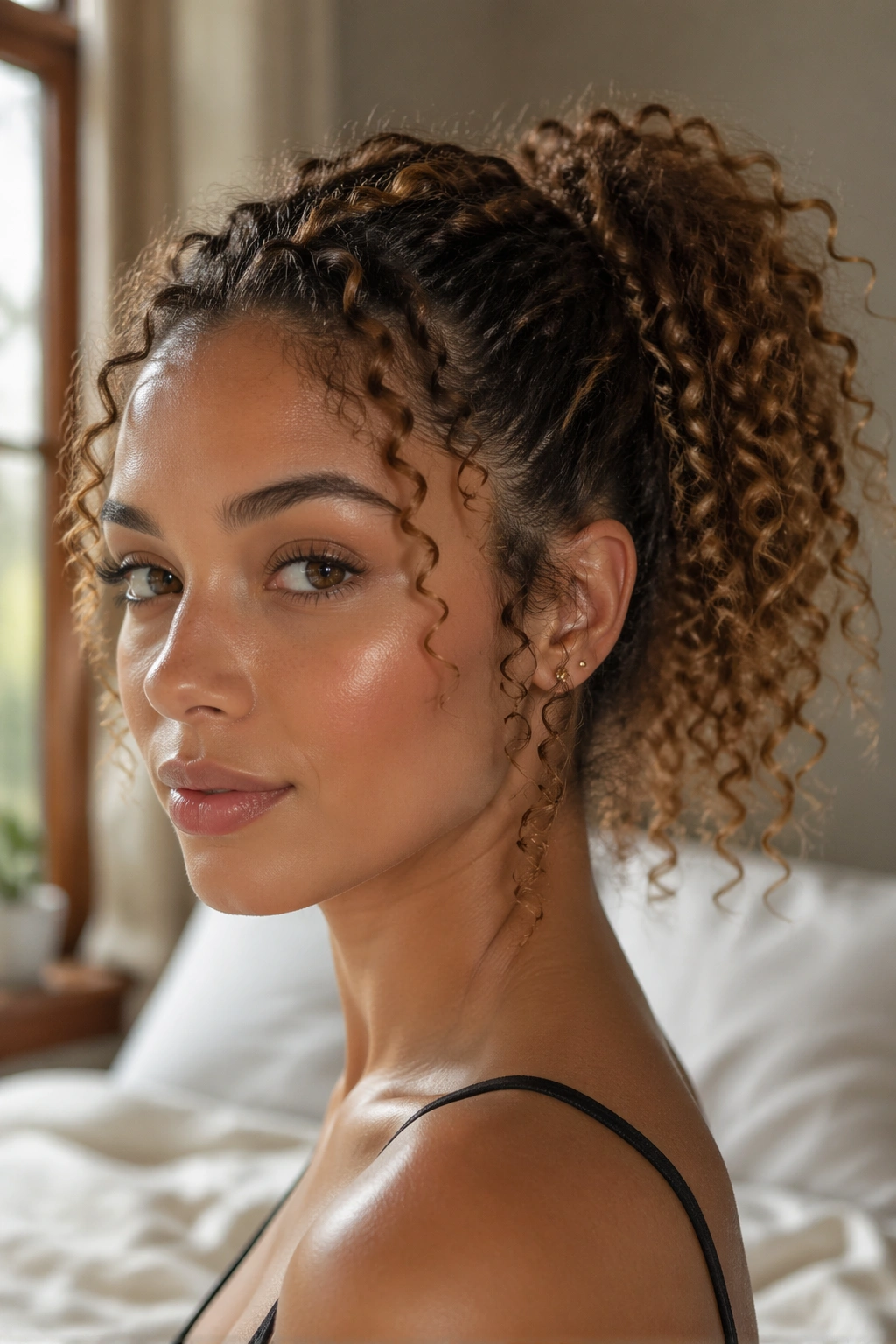 Close-up of a real woman with curly ponytail and tendrils framing her face in warm window light