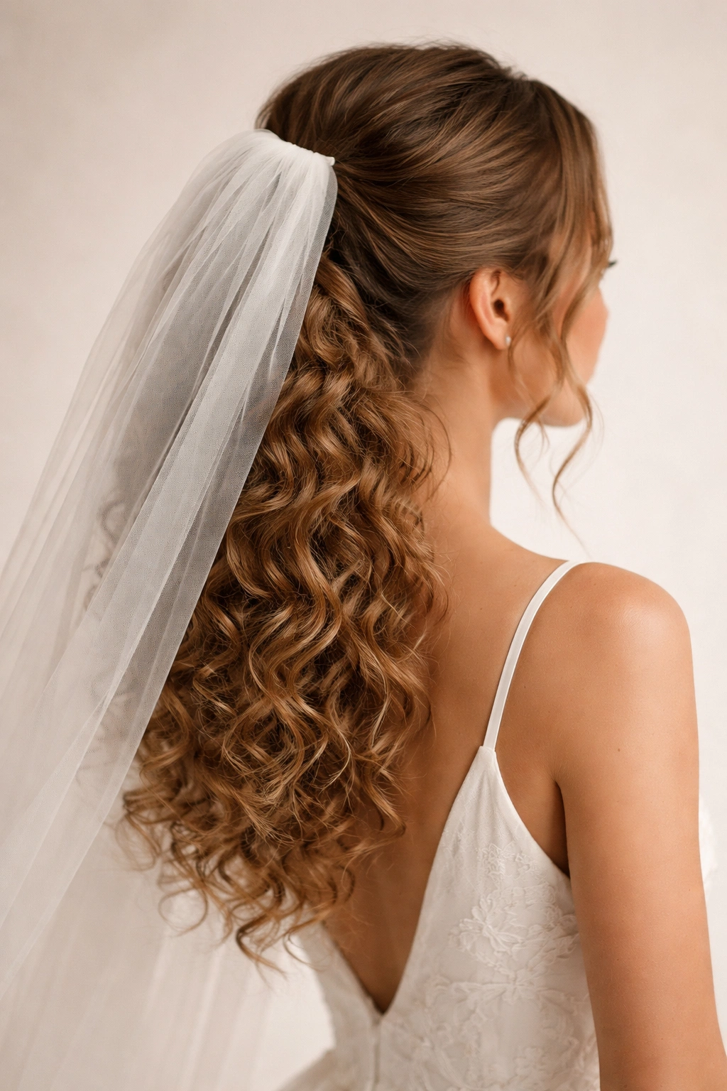 Curly ponytail with veil at crown in bridal look
