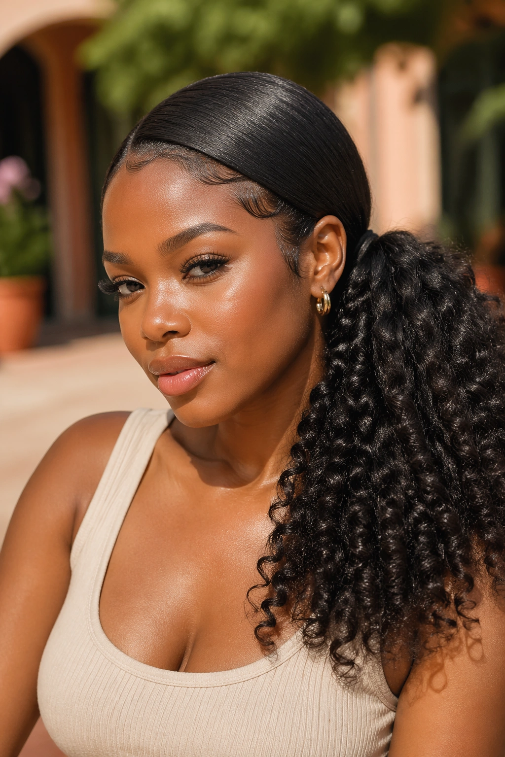 Real Black woman with curly side-part ponytail full of volume in an outdoor sunlit setting.