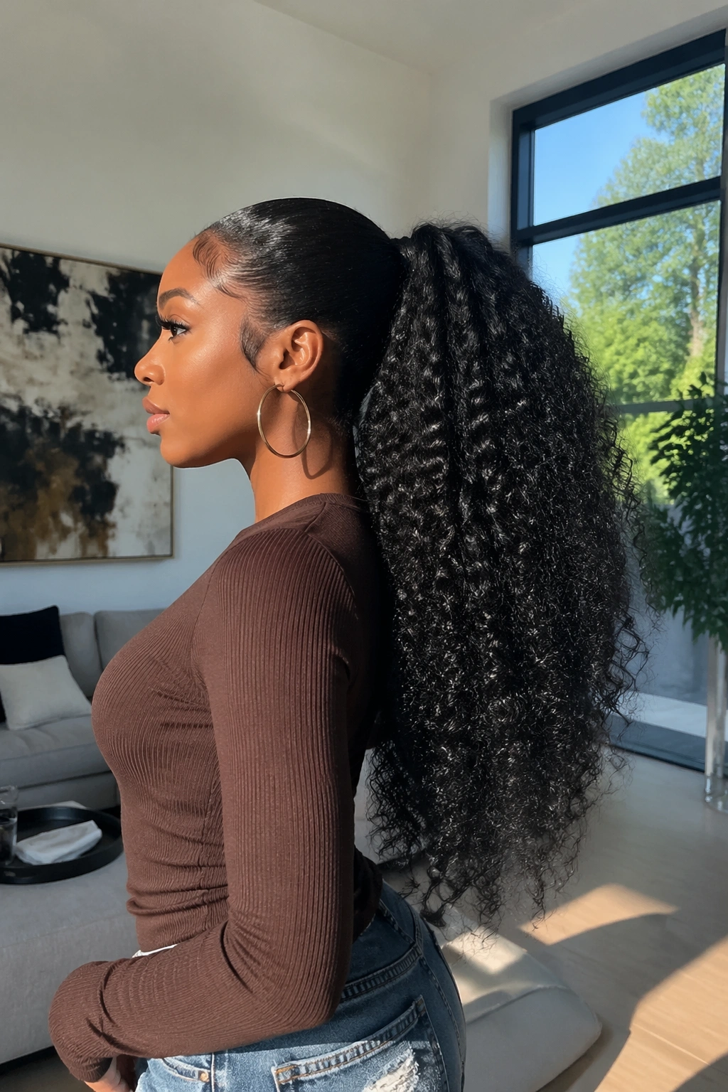 Voluminous jumbo curly ponytail with dramatic volume in a sunlit living room.