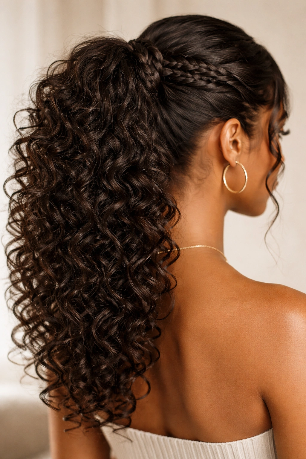 Curly double weave ponytail with front weave anchors and defined curls