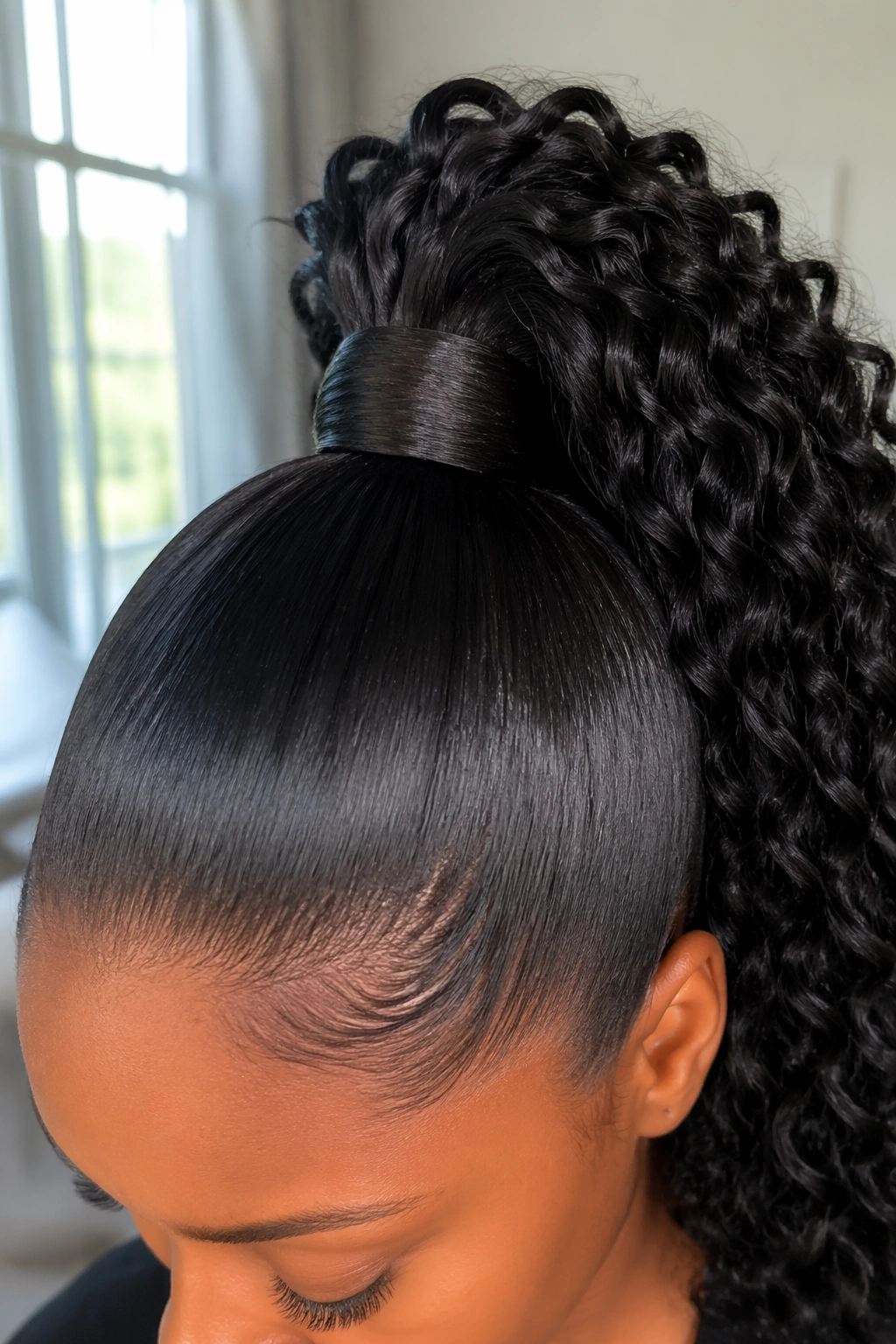 High sleek curly ponytail with wrapped base close-up