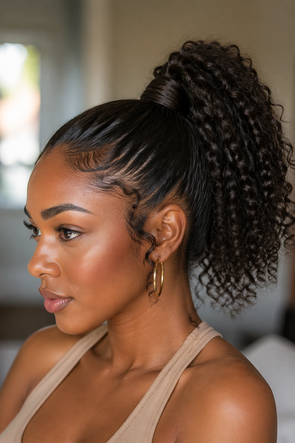 Close-up of a real woman with curly ponytail wrapped at the base