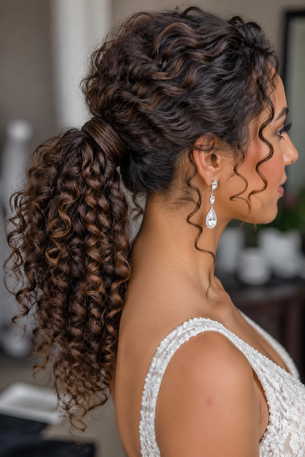 Close-up of a bride with a curly ponytail and wrapped base