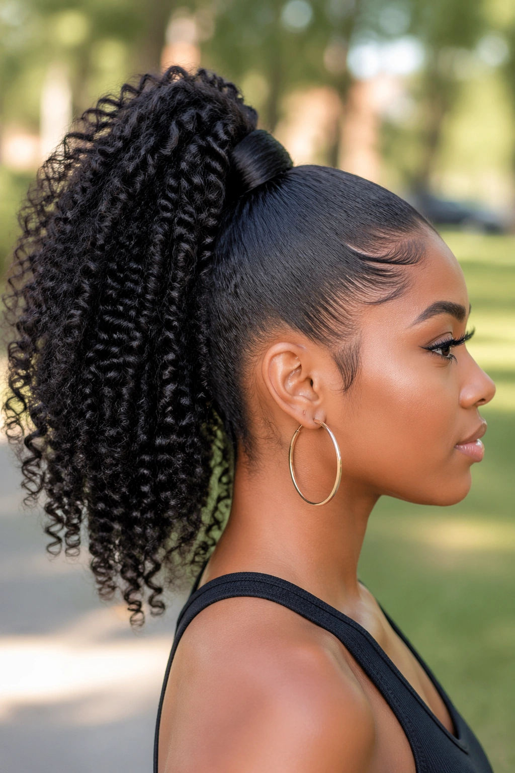 Profile view of a real Black woman with a curly ponytail and wrapped base in natural light