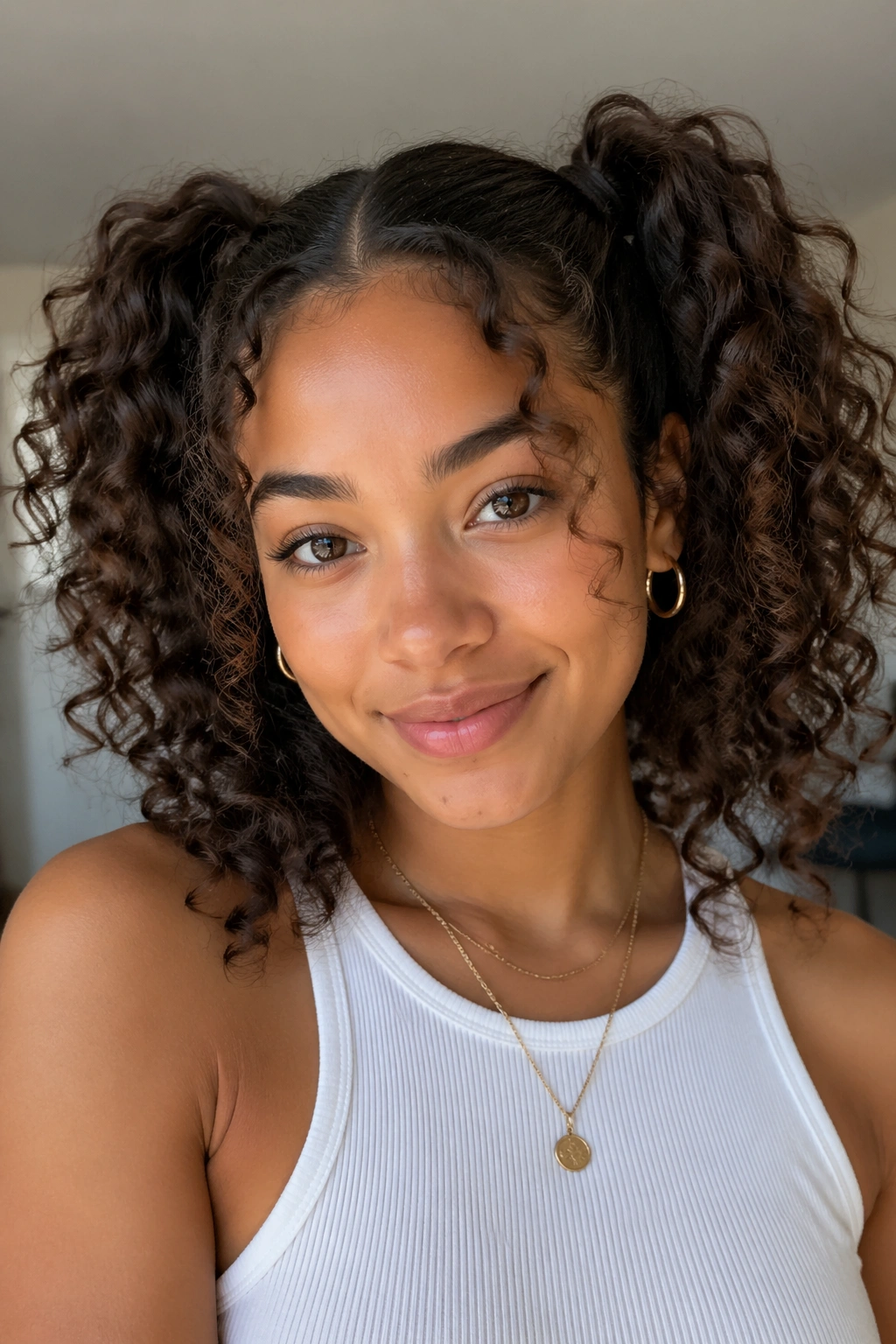 Curly hair in two ponytails with preserved curl texture on a real person