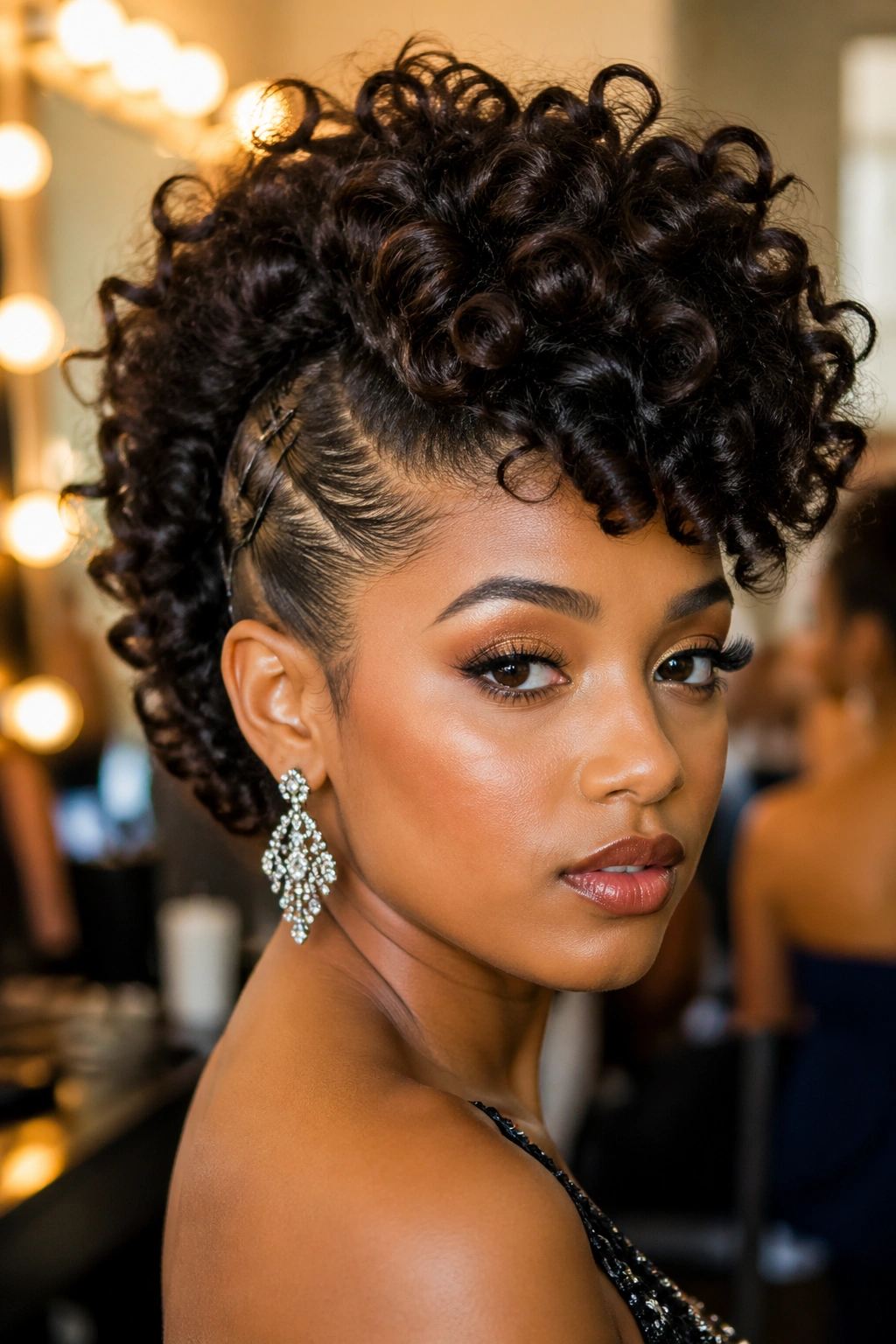 Close-up of a real woman with a curly prom Mohawk, dramatic center strip and pinned sides