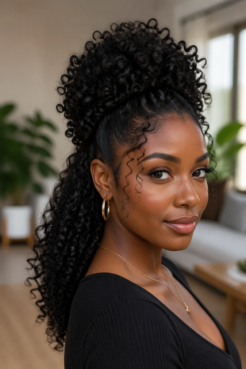 Close-up of a real woman with a curly puff half ponytail