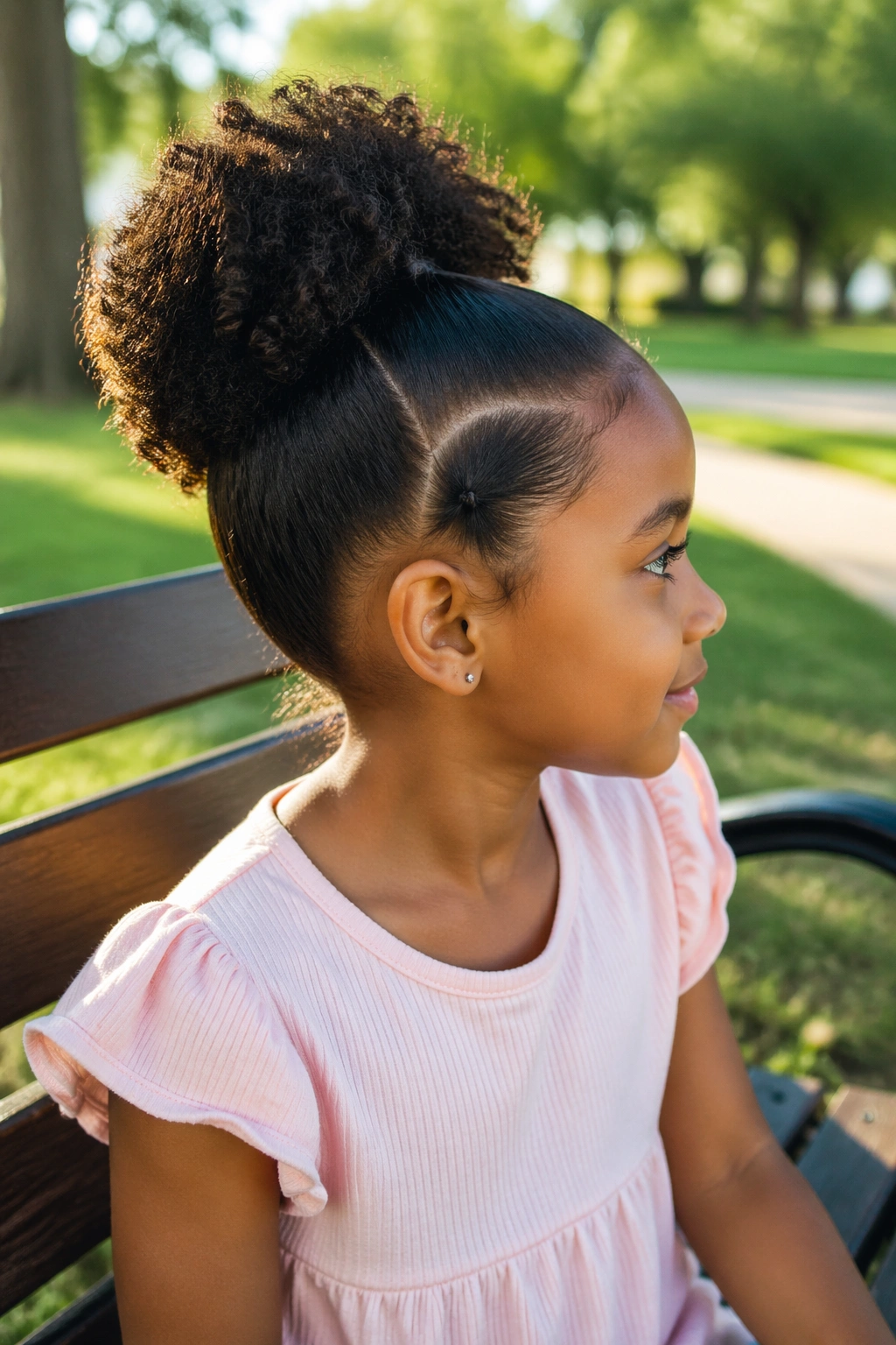 Side profile of girl with curly puff and middle part.