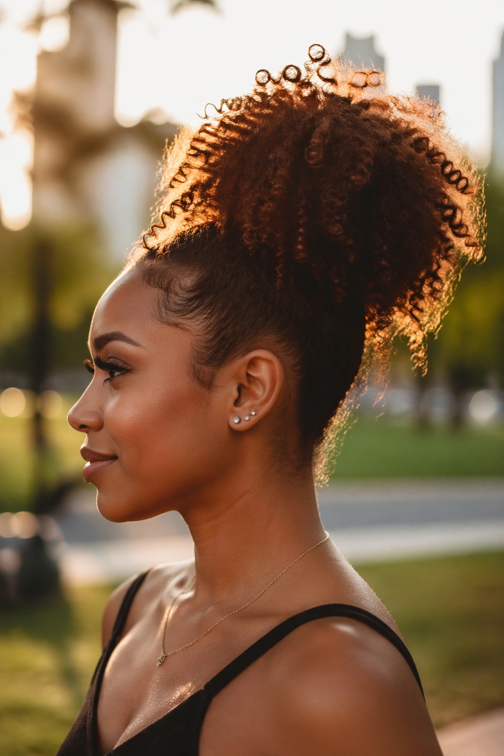 Side profile of curly puff ponytail in a park at golden hour.