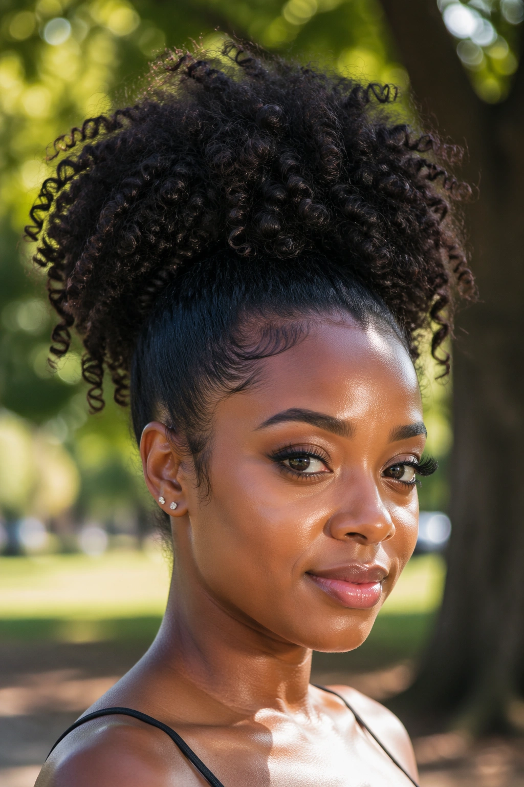 Portrait of a real Black woman with a full curly puff high ponytail in a park.