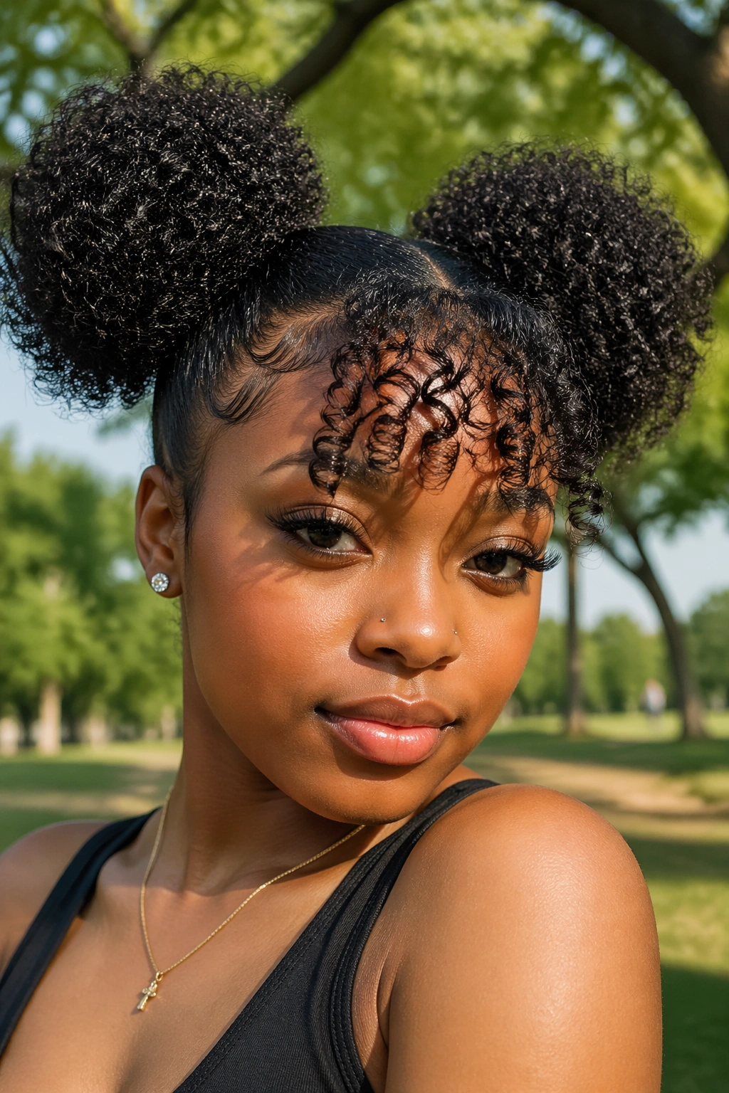 Close-up portrait of a woman with curly puff twin ponytails and curly fringe in park light