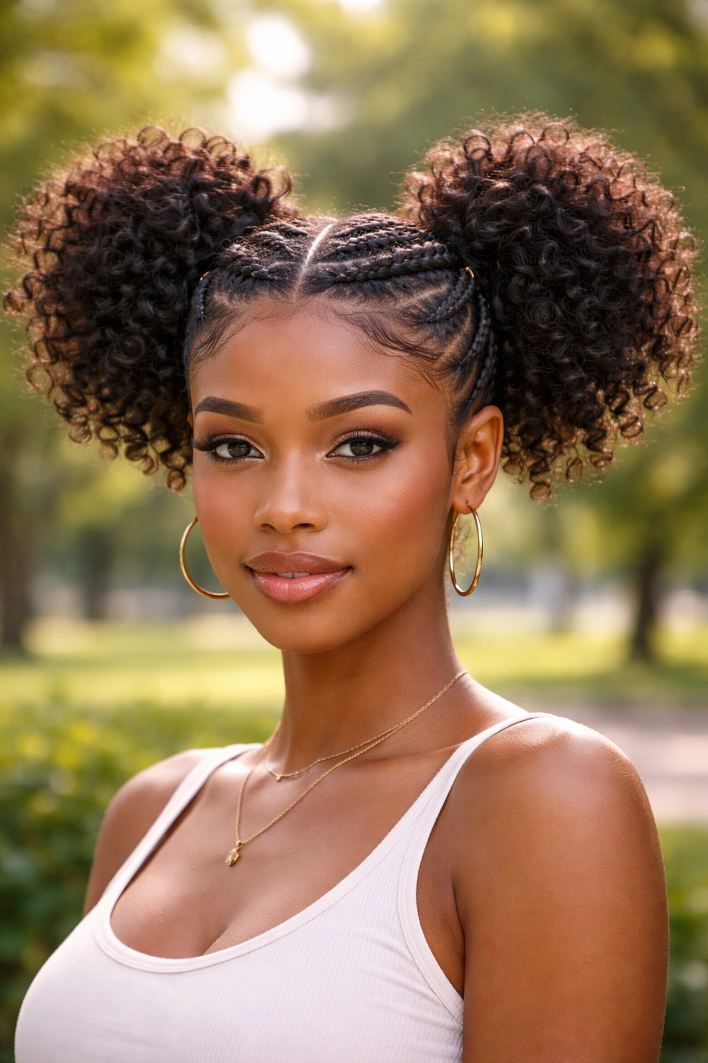 Portrait of a woman with curly pigtail puffs framed by a cornrow headband outdoors