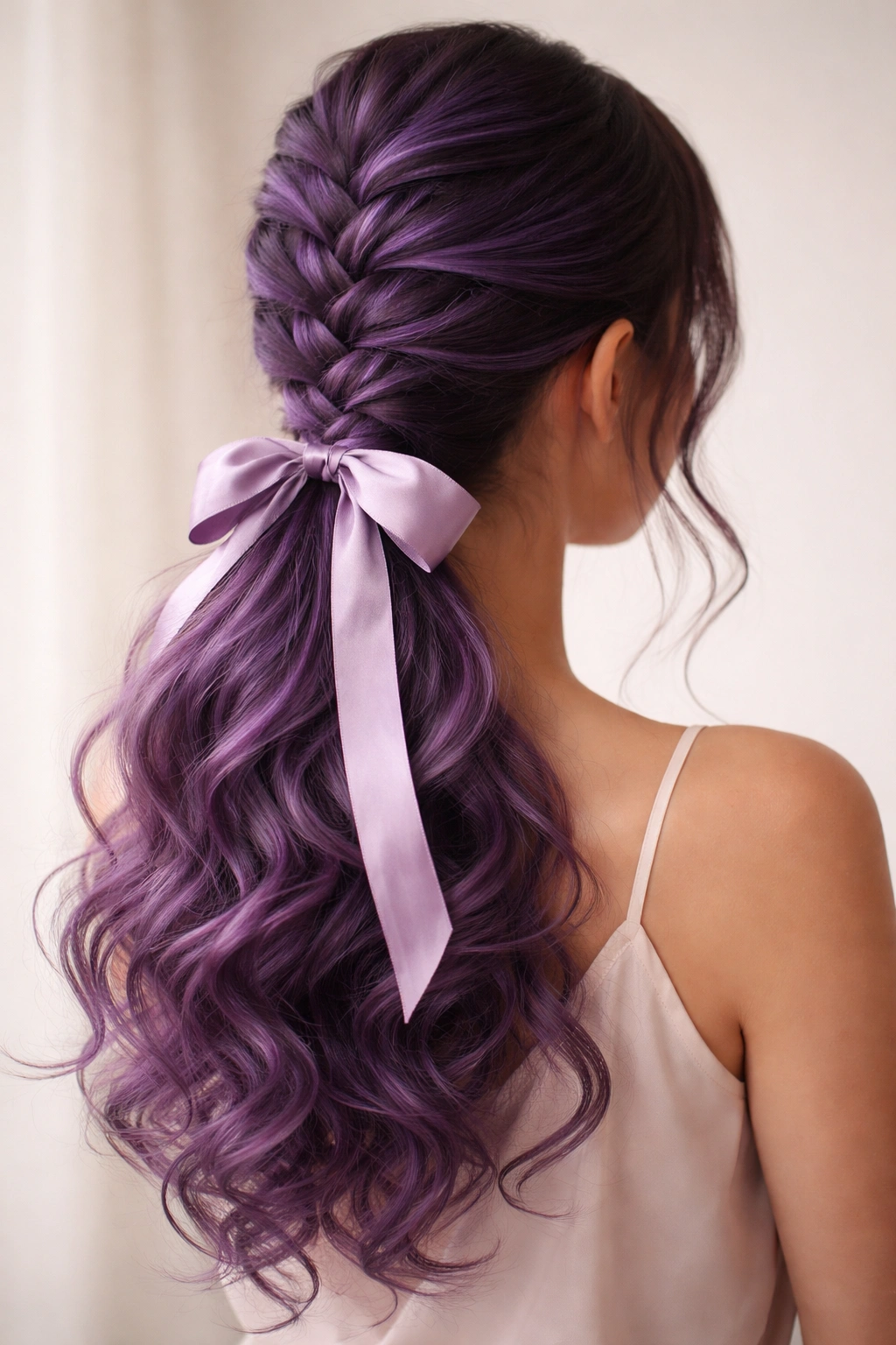 Purple braided ponytail with curling ends and satin ribbon at the base.