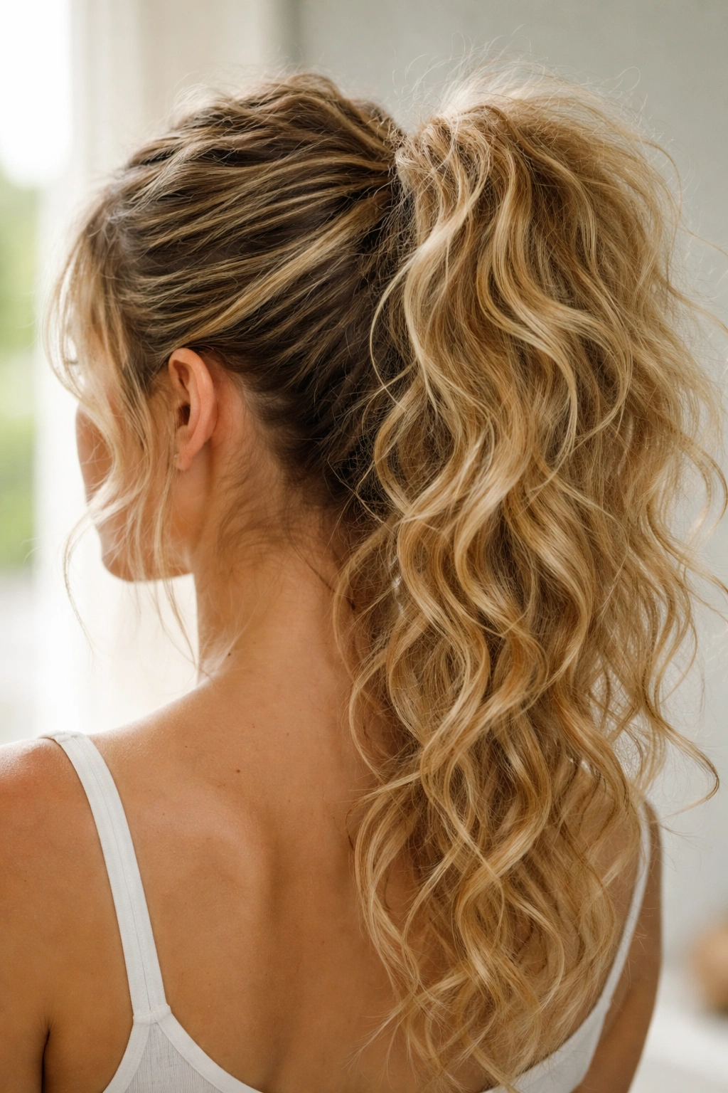 High ponytail with curly roots and voluminous crown