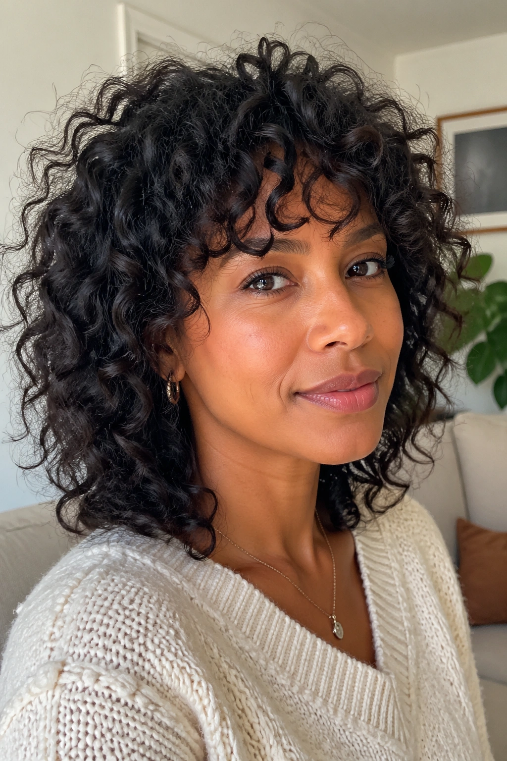Portrait of a woman with curly shag hairstyle