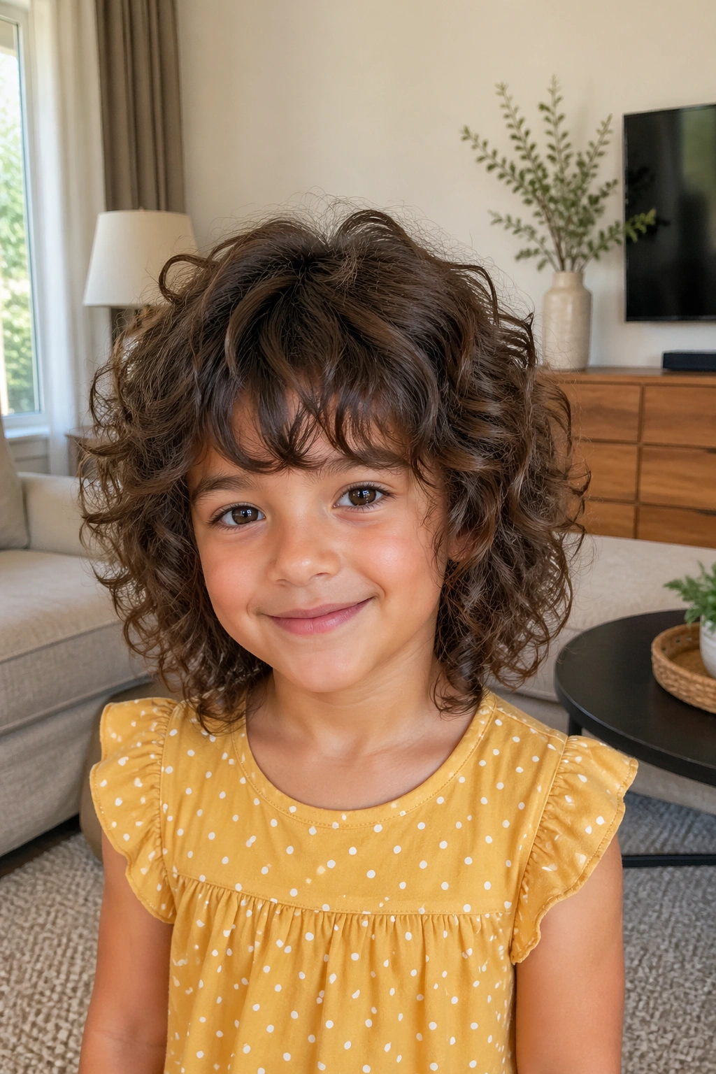 Girl with short layered shag and bangs in a sunlit living room.